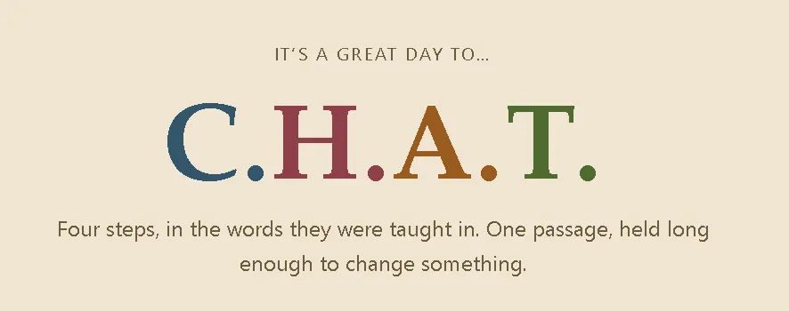 The Reflections app greeting: “It’s a great day to… C.H.A.T.” above the line “Four steps, in the words they were taught in. One passage, held long enough to change something.”