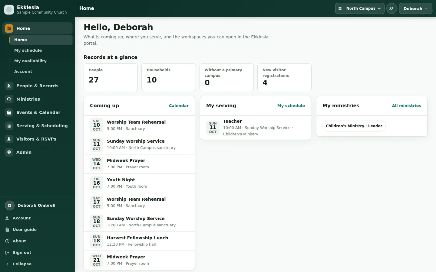 Ekklesia's Home page for a fictional sample church, signed in as the sample administrator Deborah: counts of people, households and new visitor registrations, the coming week's services, prayer and youth nights, her next serving date as a Children's Ministry teacher, and her ministries.