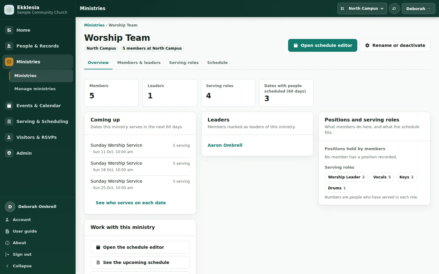The Worship Team ministry workspace: counts of members, leaders, serving roles and scheduled dates, the Sunday services it serves in the next 60 days, its leader, and its serving roles — Worship Leader, Vocals, Keys and Drums.