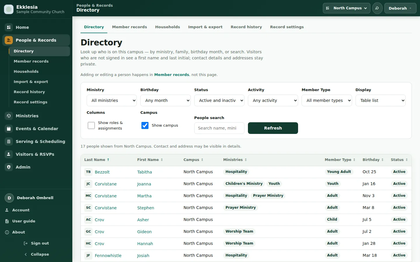 Ekklesia's People directory for a sample campus: filters for ministry, birthday month, status, activity and member type, and a table of fictional people with their campus, ministries, member type, birthday and status.