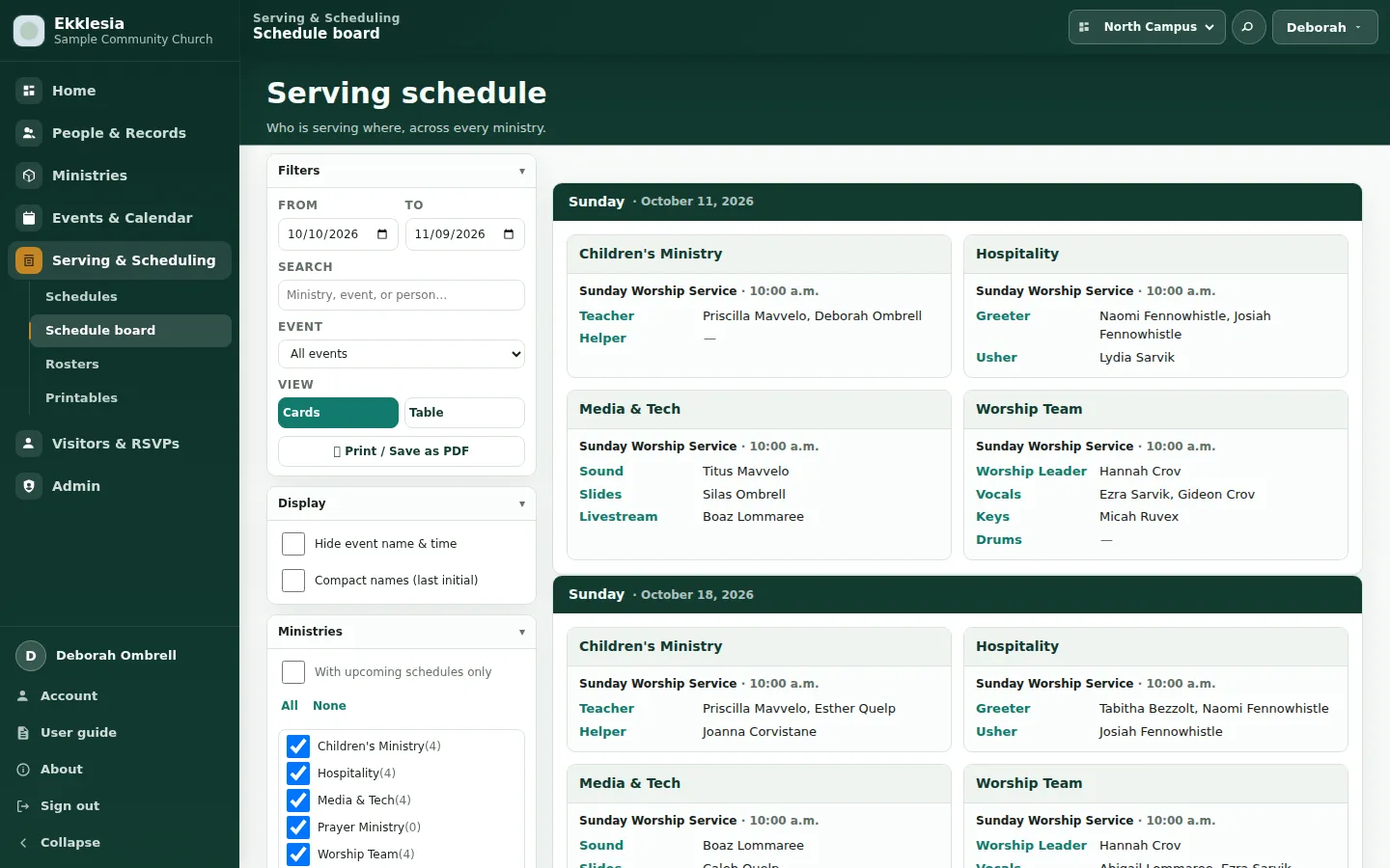 Ekklesia's schedule board for the Sundays of October 2026: for each ministry, who serves in each role at the 10:00 a.m. service, with unfilled roles shown as a dash, and filters for dates, events and ministries.