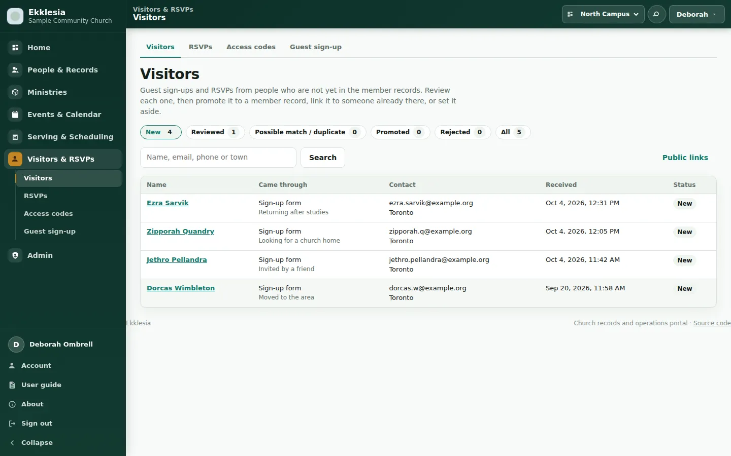 Ekklesia's Visitors review page listing fictional guest sign-ups with how they came, their contact details, when they were received and their status, with tabs for new, reviewed, possible match, promoted and rejected registrations.